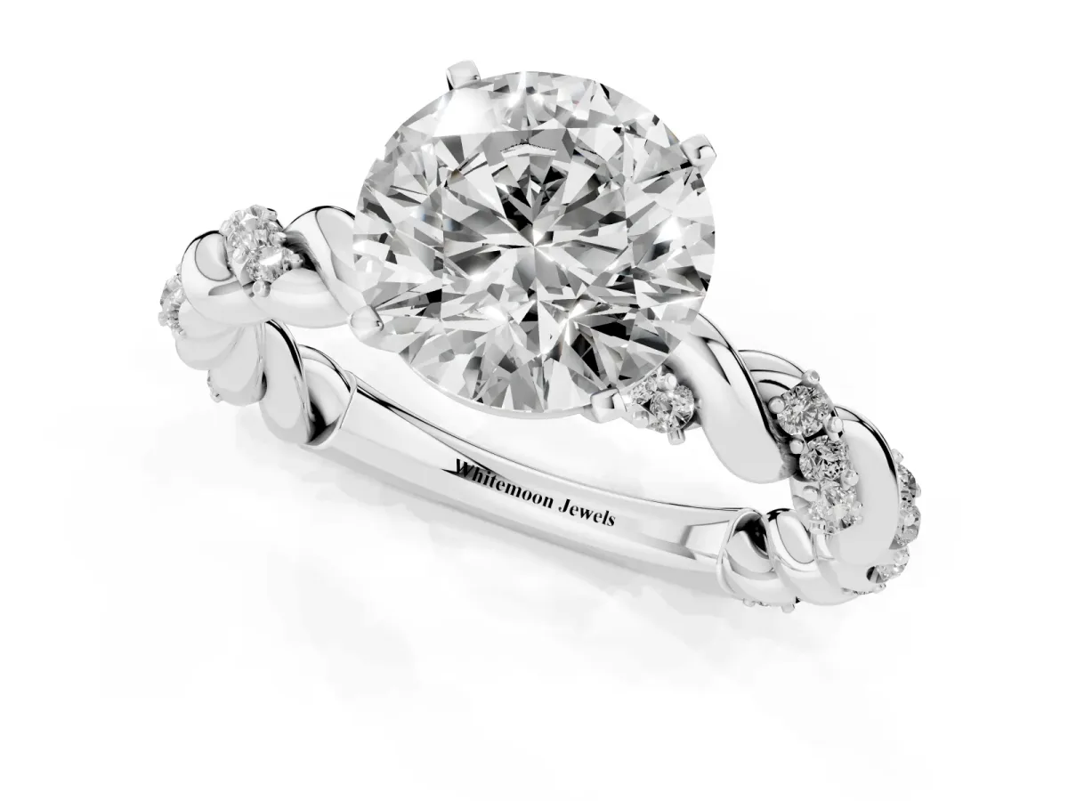 Round Cut Diamond Solitaire Ring with Twisted Band and Pavé Accents White gold
