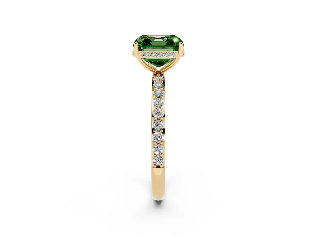 Fancy Green Asscher Cut Diamond Solitaire Ring with Pavé Band and Hidden Halo Yellow gold