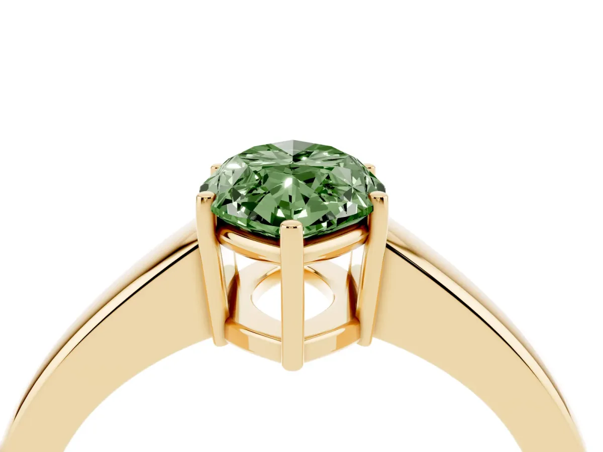 Fancy Green Marquise Cut Solitaire Diamond Ring with Tapered Band and Four-Prong Setting Yellow gold