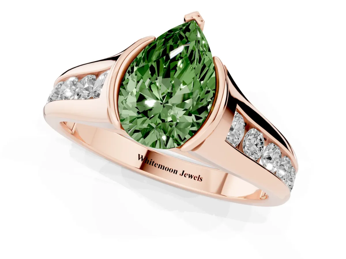 Fancy Green Pear Cut Solitaire Bezel-Set Diamond Ring with Channel-Set Band Rose gold