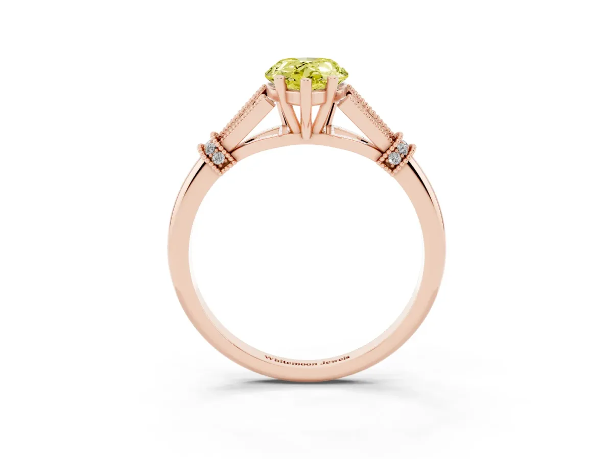 Fancy Yellow Pear Cut Diamond Solitaire Ring with Floral Filigree and Pave Accents Rose gold