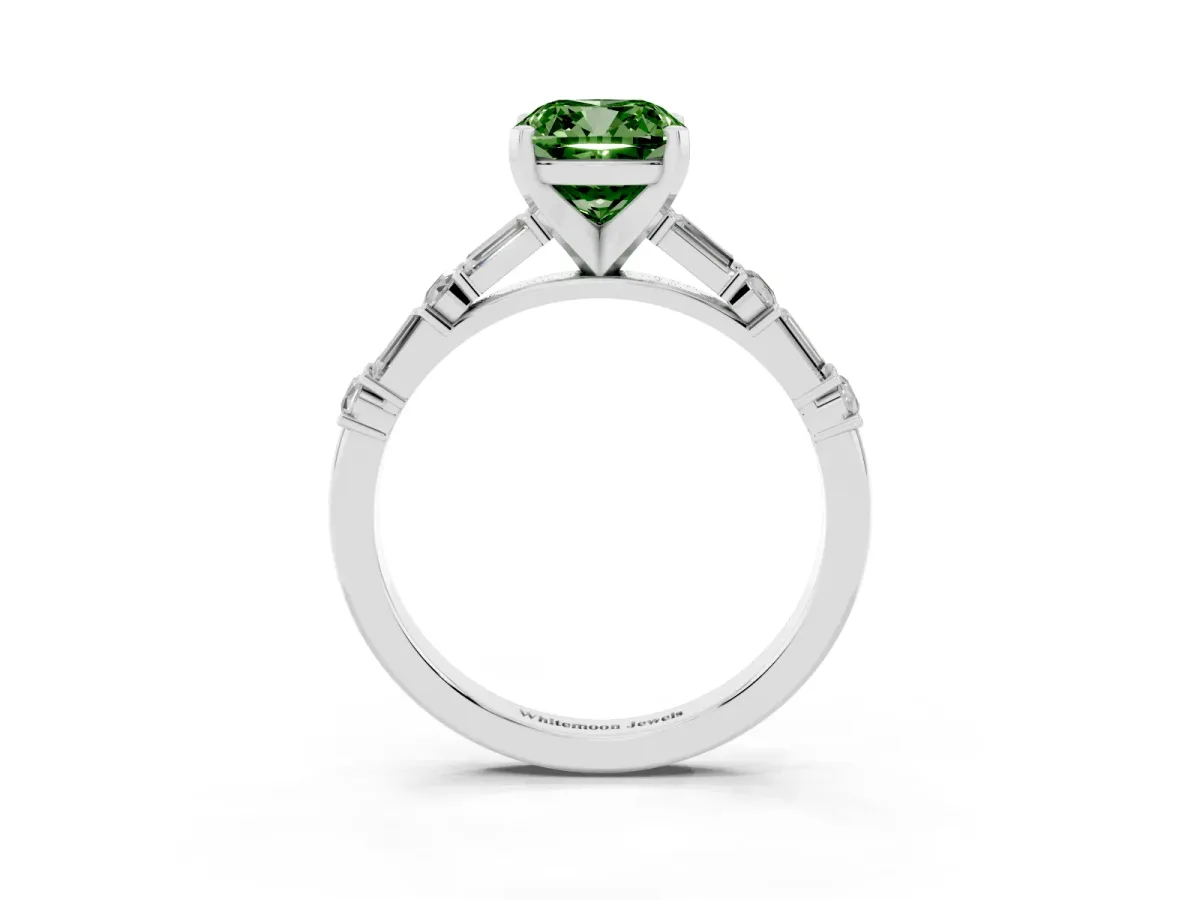 Fancy Green Cushion Cut Diamond Solitaire with Side Baguettes and Channel Set Band Silver