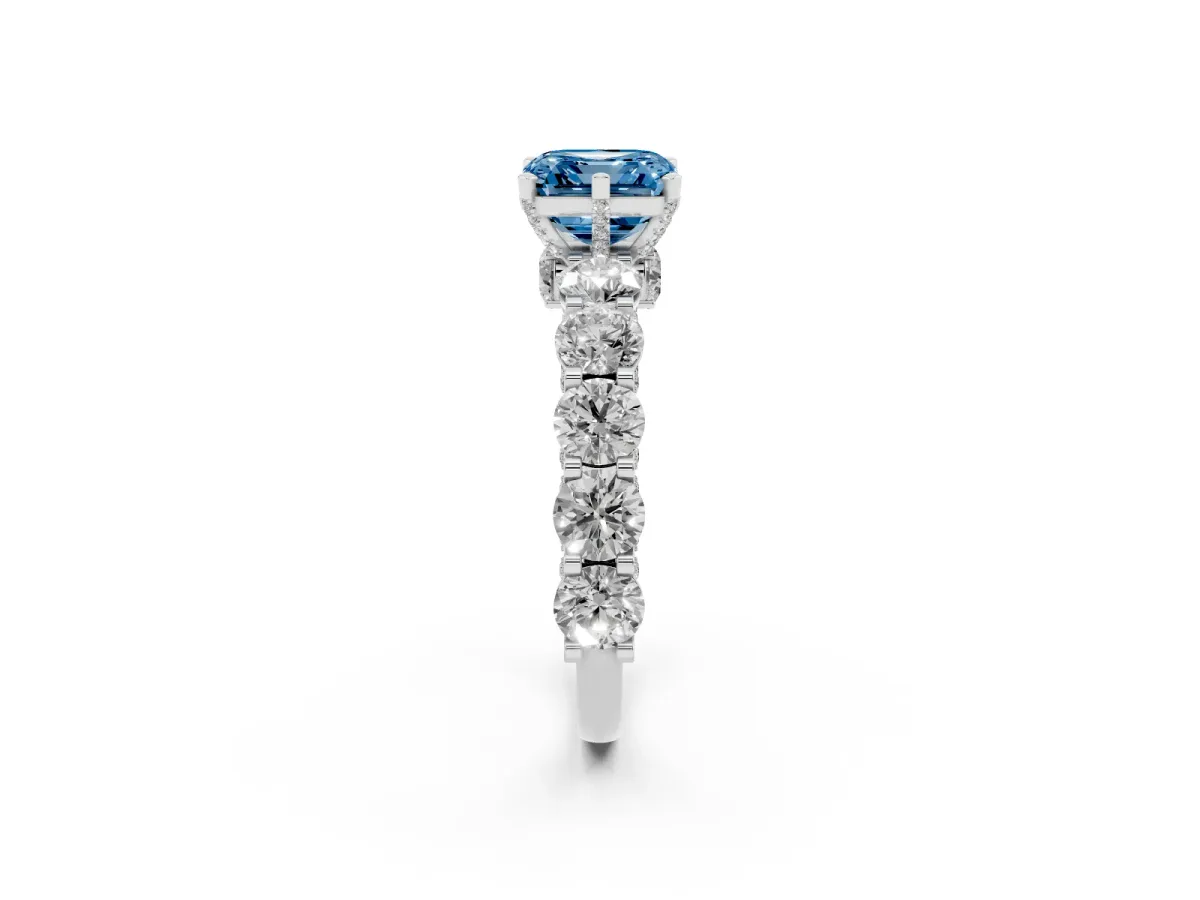 Fancy Blue Asscher Cut Diamond Side Stone Engagement Ring with Four-Prong Setting White gold