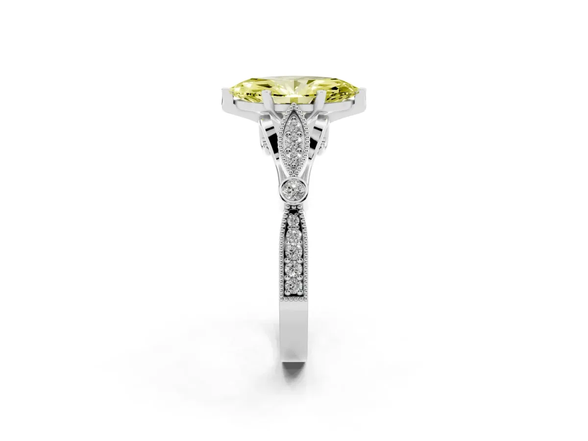 Fancy Yellow Marquise Cut Cut Diamond with Milgrain Marquise and Bezel Accents on a Solitaire Band with Prong Setting Silver