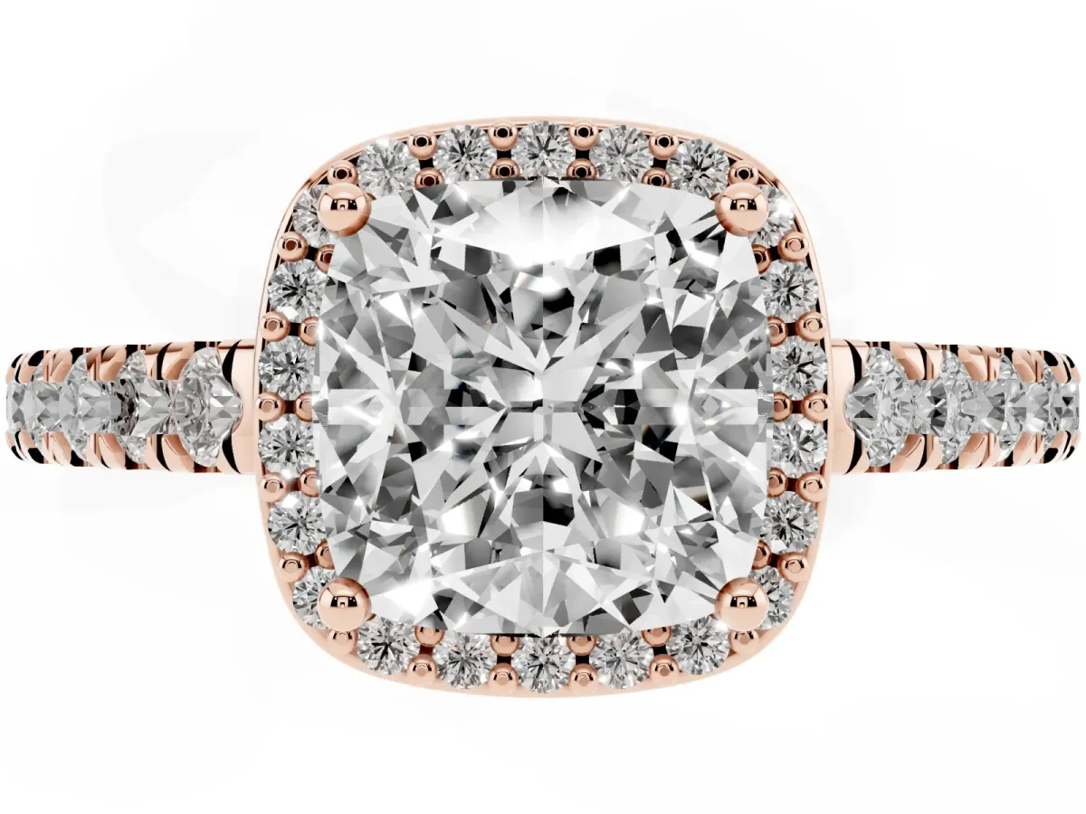 Cushion Cut Cut Halo Diamond Engagement Ring with Pave Band and Four-Prong Setting Rose gold