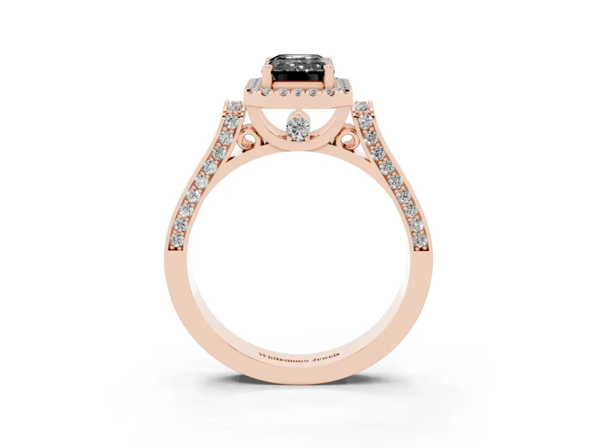 Fancy Black Emerald Cut Halo Round Diamond Twist Band with Four-Prong Setting Rose gold