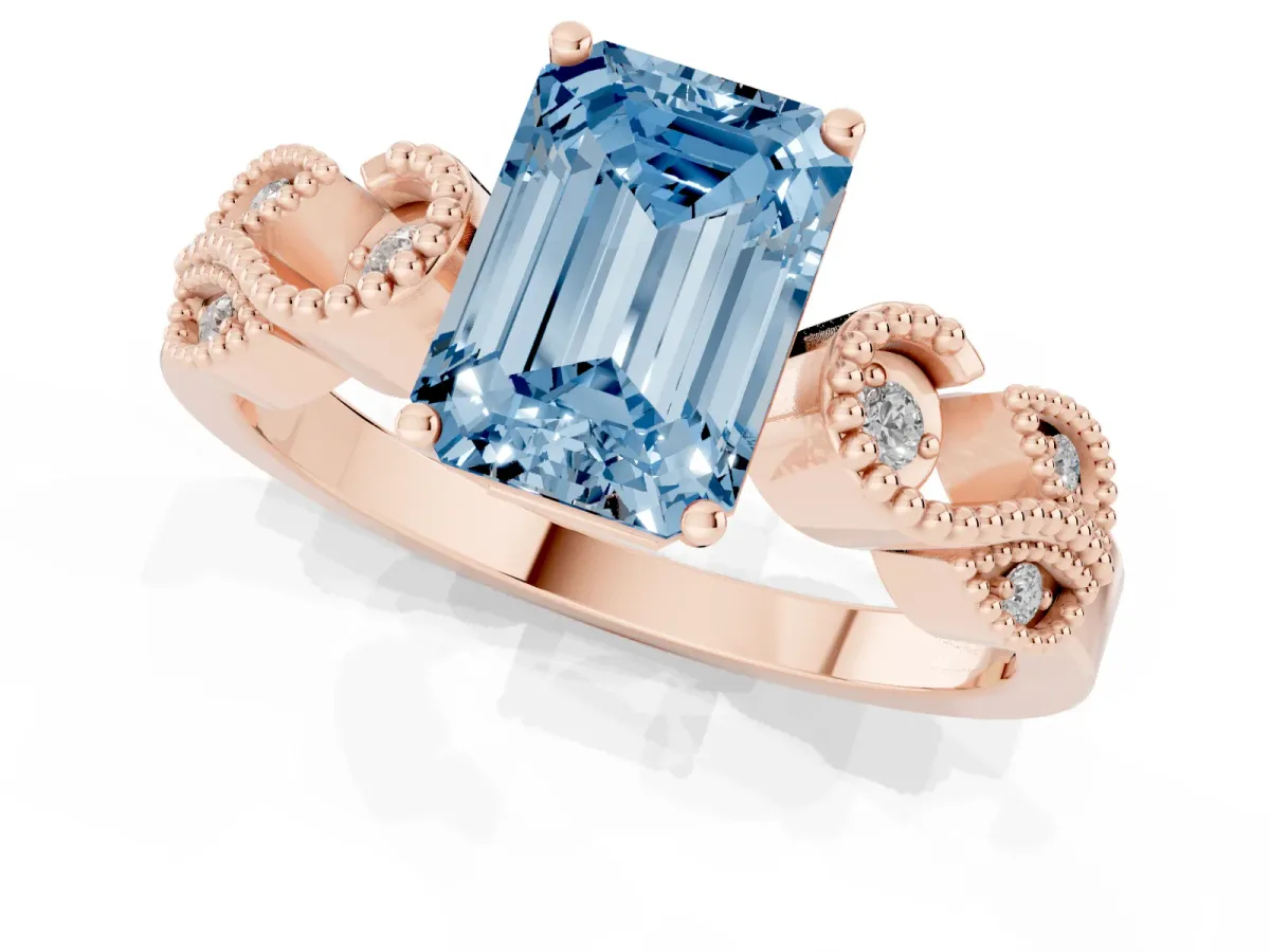 Fancy Blue Emerald Cut Solitaire Milgrain Leaf Band with Prong Setting Rose gold