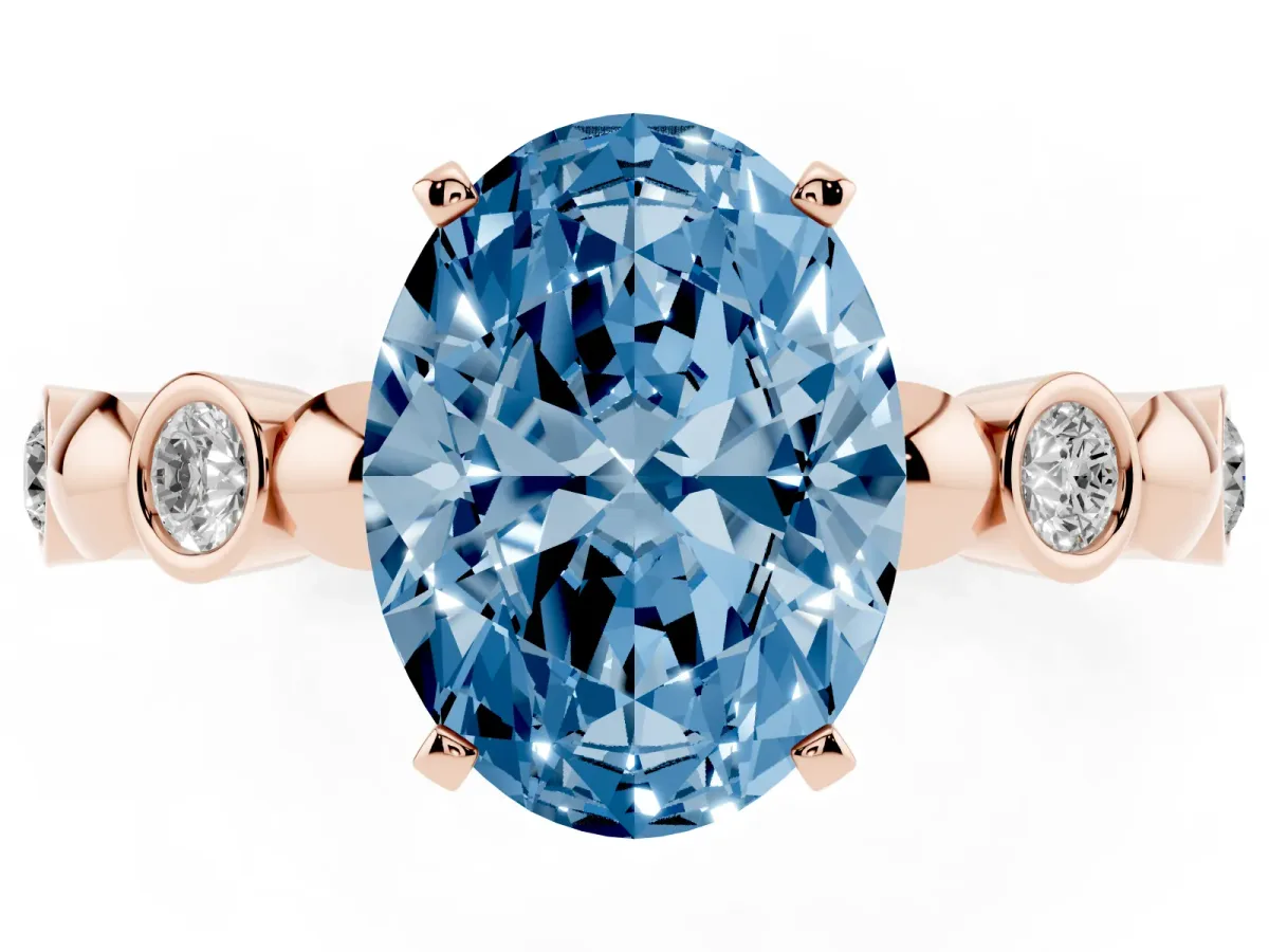 Fancy Blue Oval Cut Solitaire Bezel-Set Diamond Ring with Beaded Band and Four-Prong Setting Rose gold