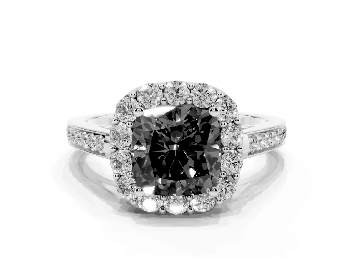Fancy Black Cushion Cut Diamond Floral Halo Ring with Pavé Band and Prong Setting White gold