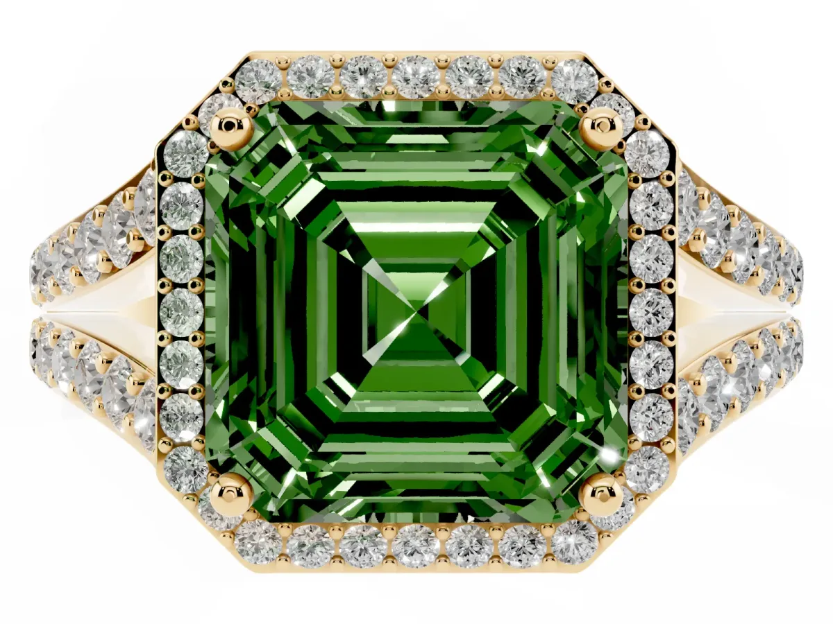 Fancy Green Asscher Cut Diamond Split Shank Halo Ring with Four-Prong Setting Yellow gold