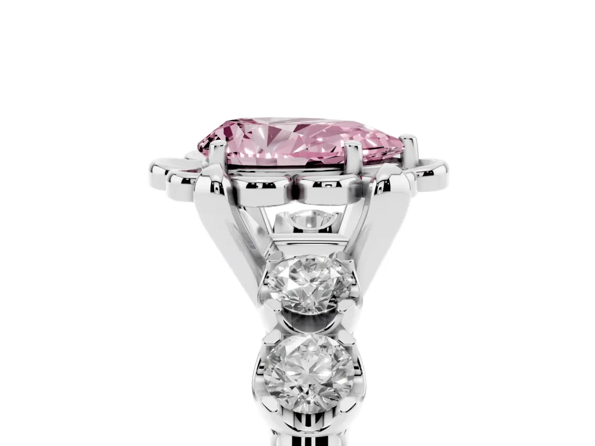 Fancy Pink Pear Cut Cut Diamond Floral Halo Engagement Ring with Shared Prong Setting Silver