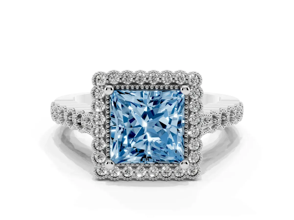 Fancy Blue Princess Cut Cut Halo Pavé Solitaire Ring with Milgrain Band White gold