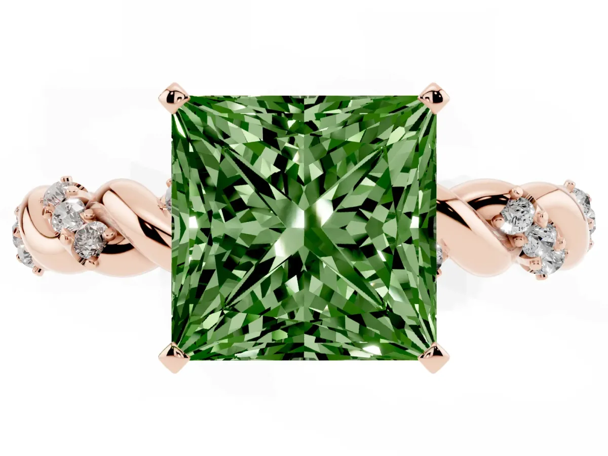 Fancy Green Princess Cut Diamond Solitaire Ring with Twisted Band and Pavé Accents Rose gold