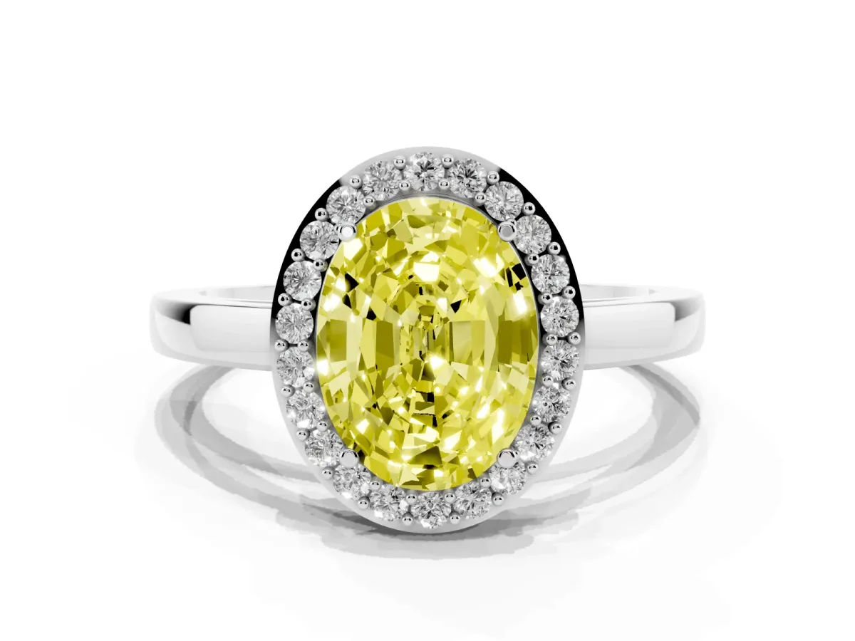 Fancy Yellow Oval Cut Halo Diamond Ring with Solitaire Band and Prong Setting Silver