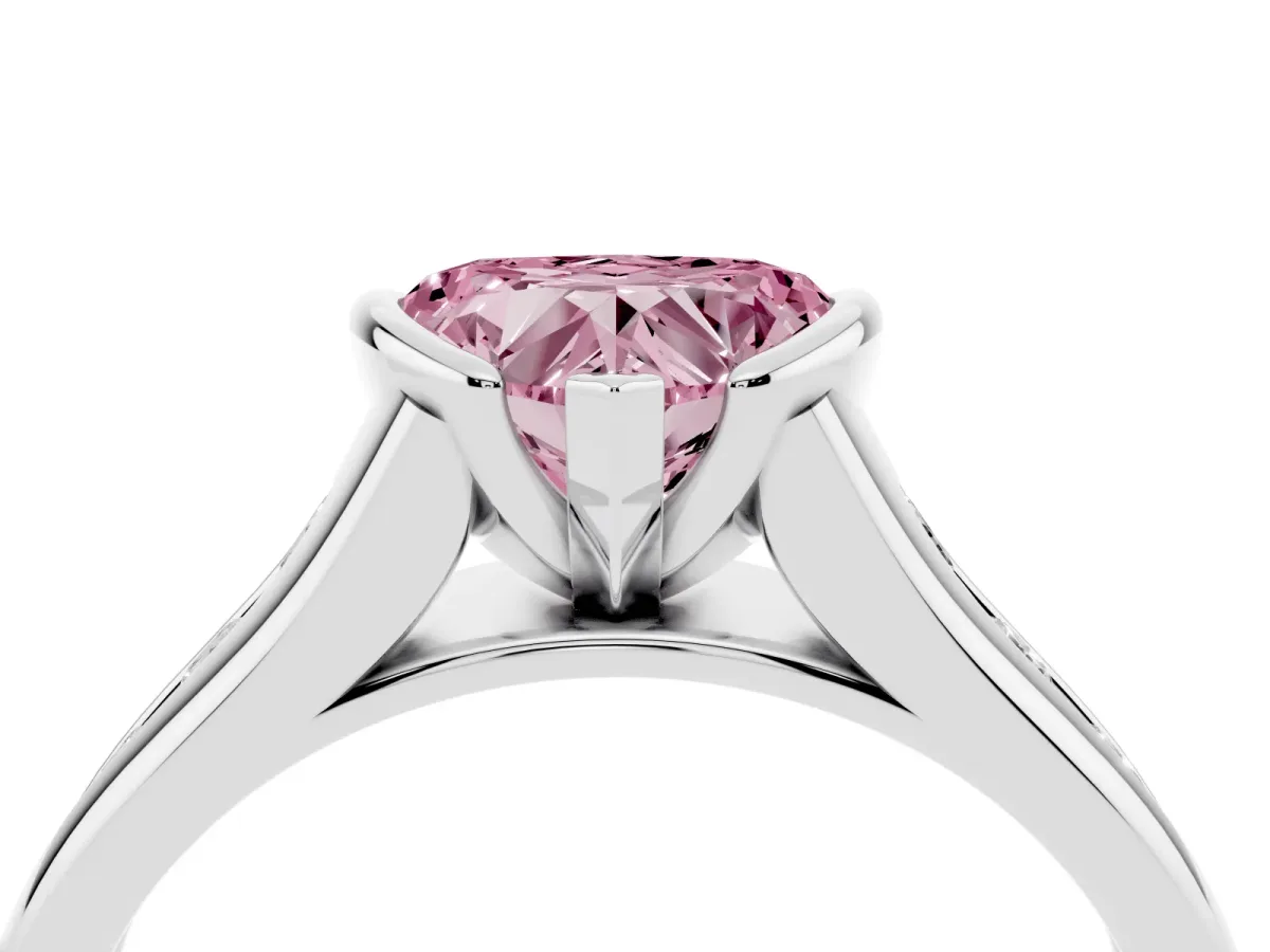 Fancy Pink Heart Cut Solitaire Bezel-Set Diamond Ring with Channel-Set Band Silver