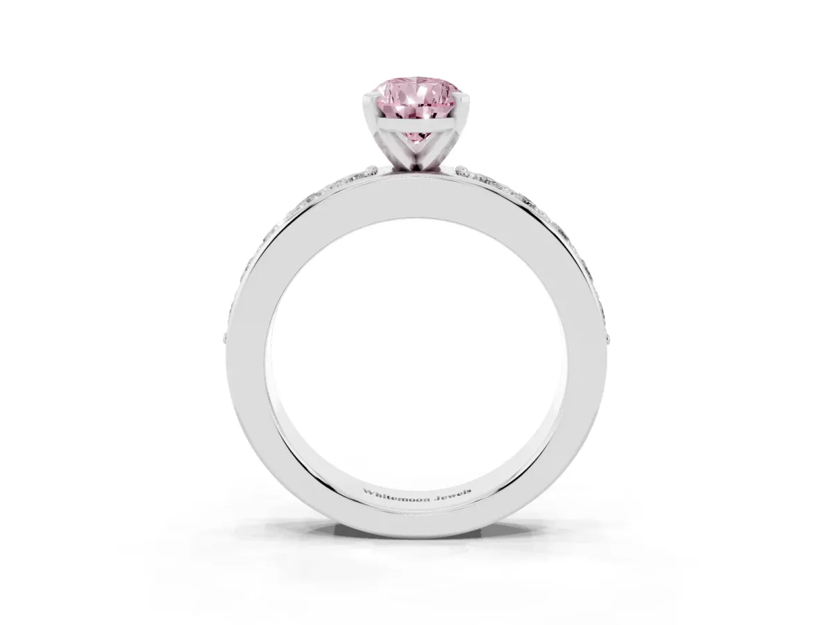 Fancy Pink Pear Cut Diamond Engagement Ring with Channel Set Round Band and Prong Setting Silver