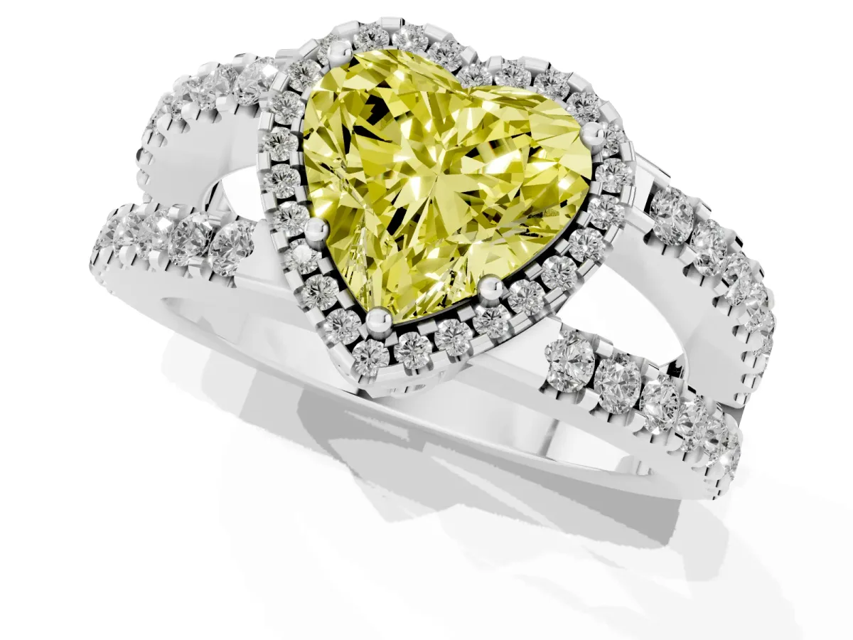 Fancy Yellow Heart Cut Cut Halo Split Shank Diamond Ring with Four-Prong Setting Silver