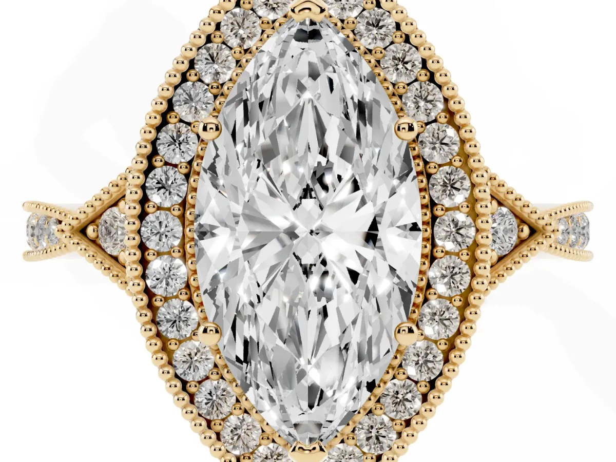 Marquise Cut Halo Round Diamond Milgrain Pave Engagement Ring Yellow gold