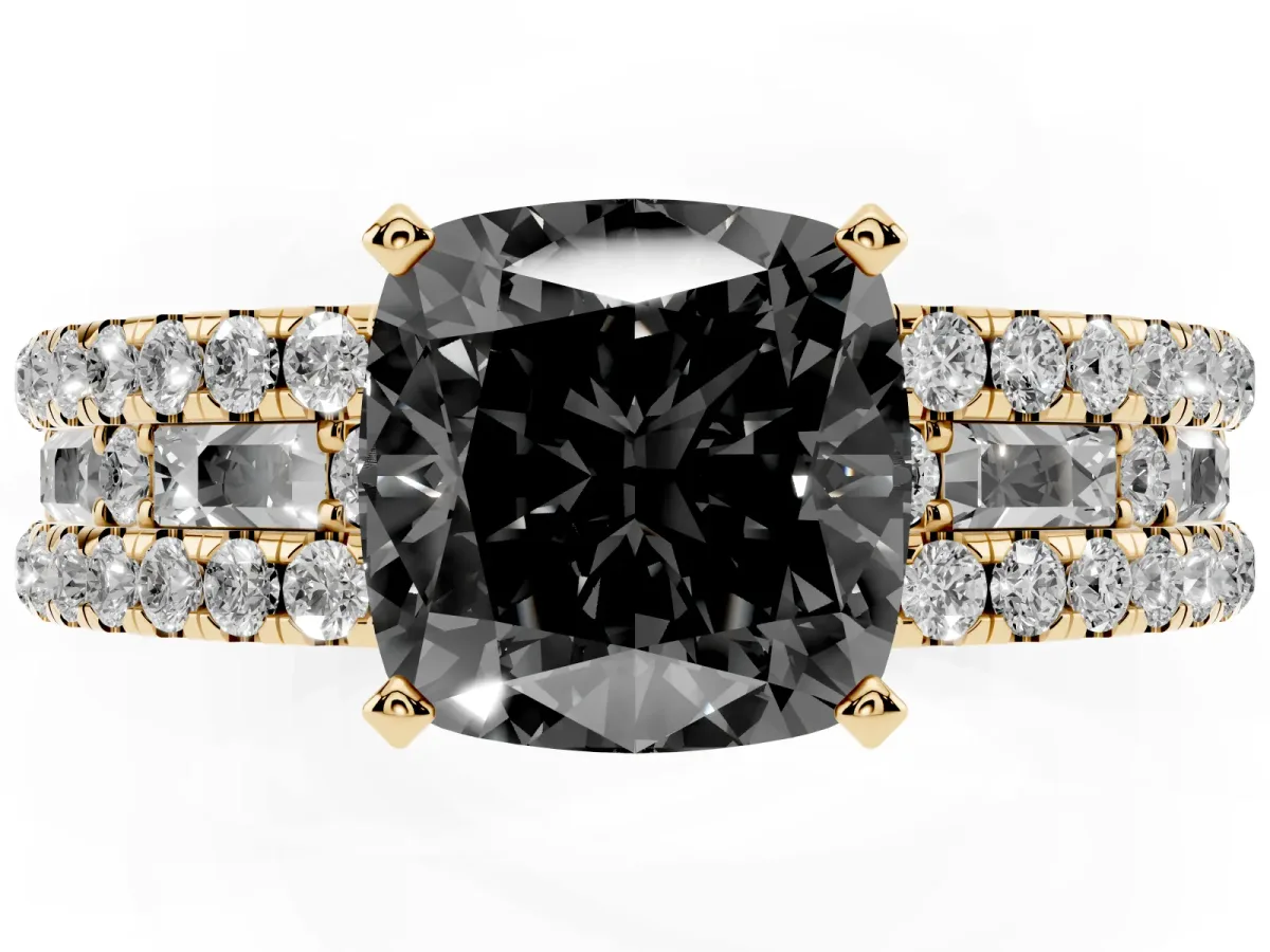Fancy Black Cushion Cut Diamond Solitaire Ring with Pavé and Channel Set Band Yellow gold