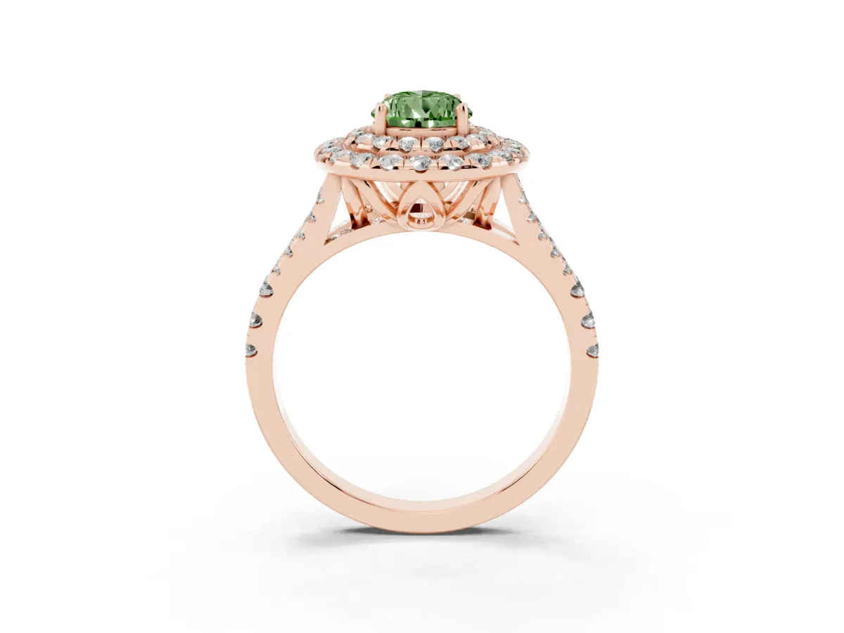 Fancy Green Double Halo Pear Cut Diamond Pavé Split Shank Ring with Prong Setting Rose gold
