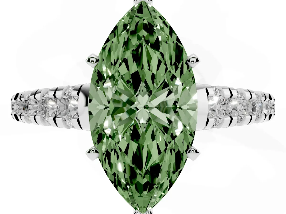 Fancy Green Marquise Cut Diamond Cathedral Solitaire Ring with Round Pavé Band Silver