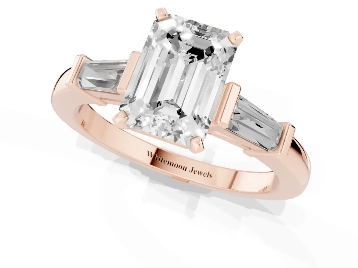 Emerald Cut Cut Diamond Solitaire Ring with Tapered Baguette Accents and Four-Prong Setting Rose gold