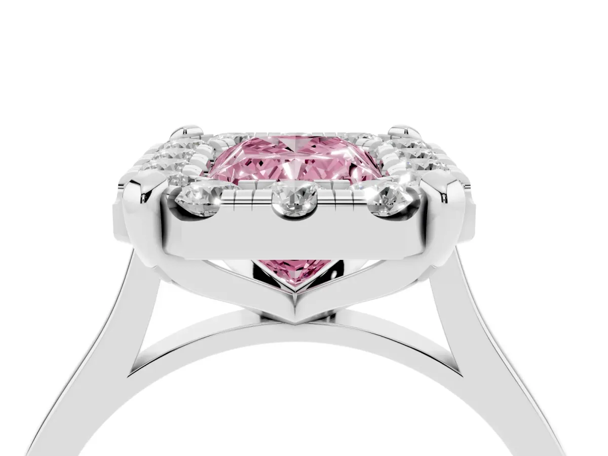 Fancy Pink Radiant Cut Diamond Cluster Halo Solitaire with Four-Prong Setting Silver