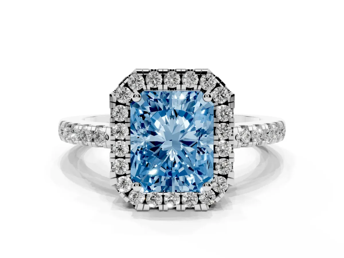 Fancy Blue Radiant Cut Halo Diamond Engagement Ring with Pavé Band and Four-Prong Setting Silver