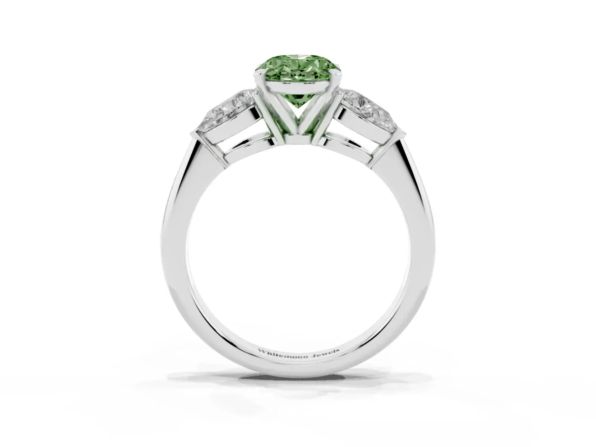 Fancy Green Three-Stone Oval Cut Diamond Ring with Pear Side Stones and Four-Prong Setting Silver