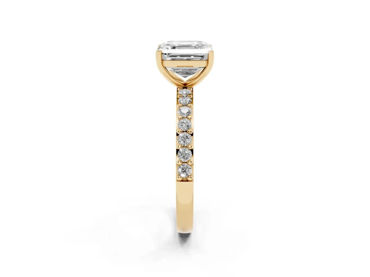 Asscher Cut Cut Diamond Solitaire with Pave Band and Four-Prong Setting Yellow gold