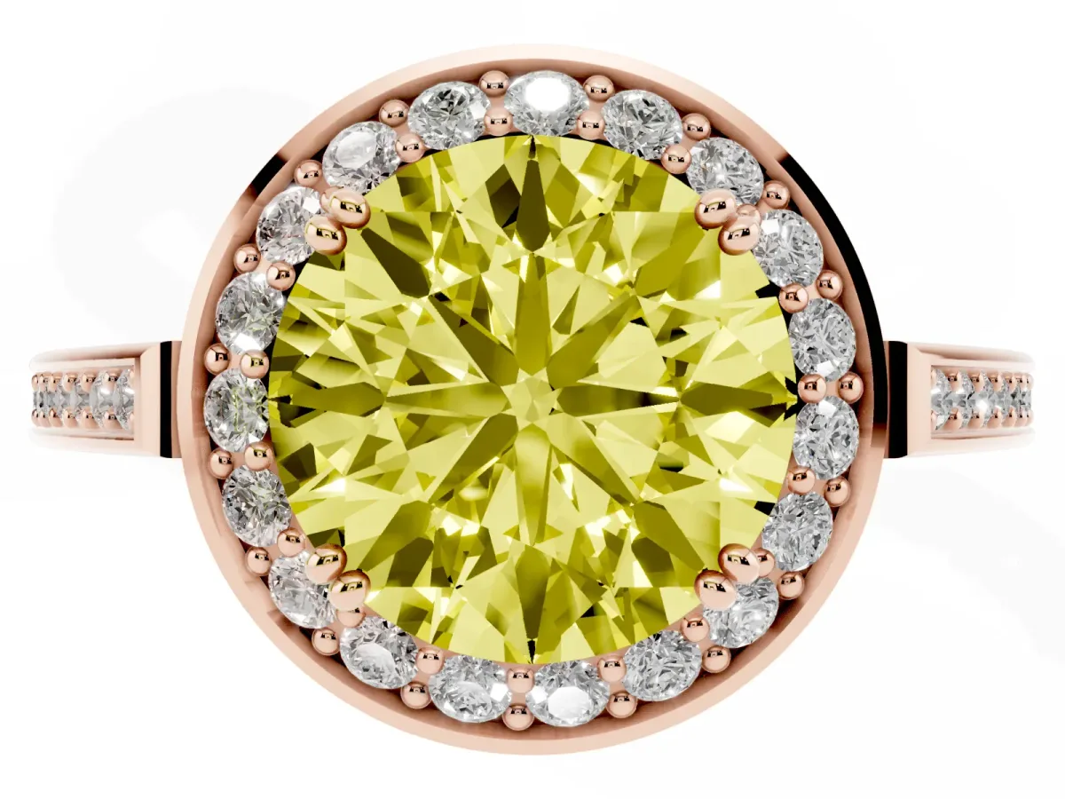 Fancy Yellow Round Cut Diamond Halo Ring with Split Shank and Four-Prong Setting Rose gold