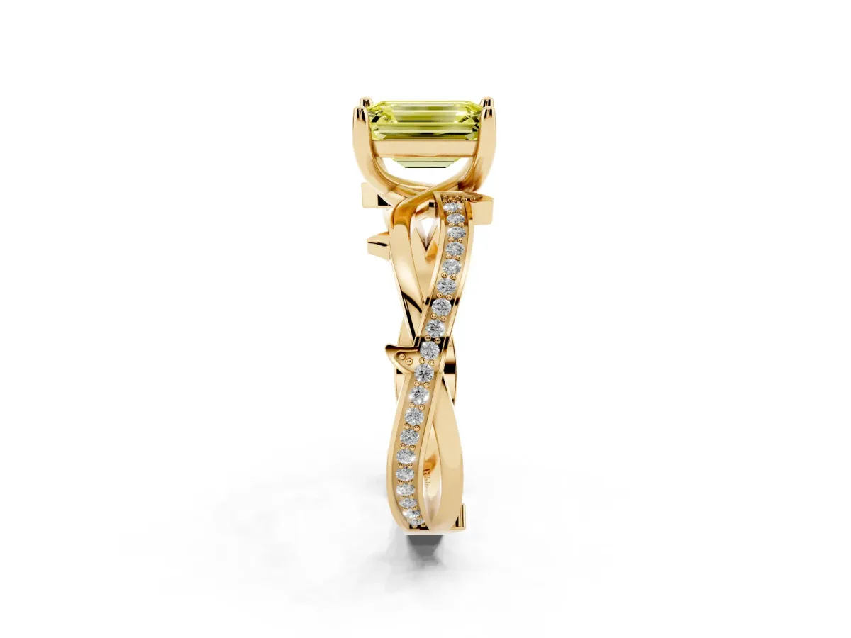 Fancy Yellow Emerald Cut Solitaire Twist Band with Pavé Accents and Four-Prong Setting Yellow gold