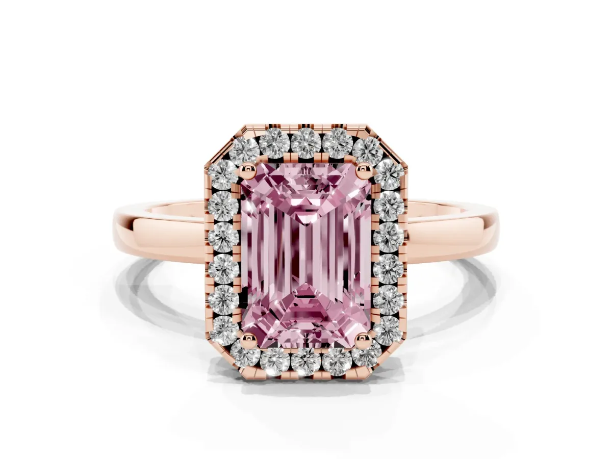 Fancy Pink Emerald Cut Halo Diamond Solitaire with Pavé Band and Four-Prong Setting Rose gold