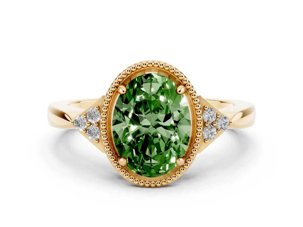 Fancy Green Hexagonal Halo Oval Cut Diamond Solitaire with Pavé Band and Four-Prong Setting Yellow gold