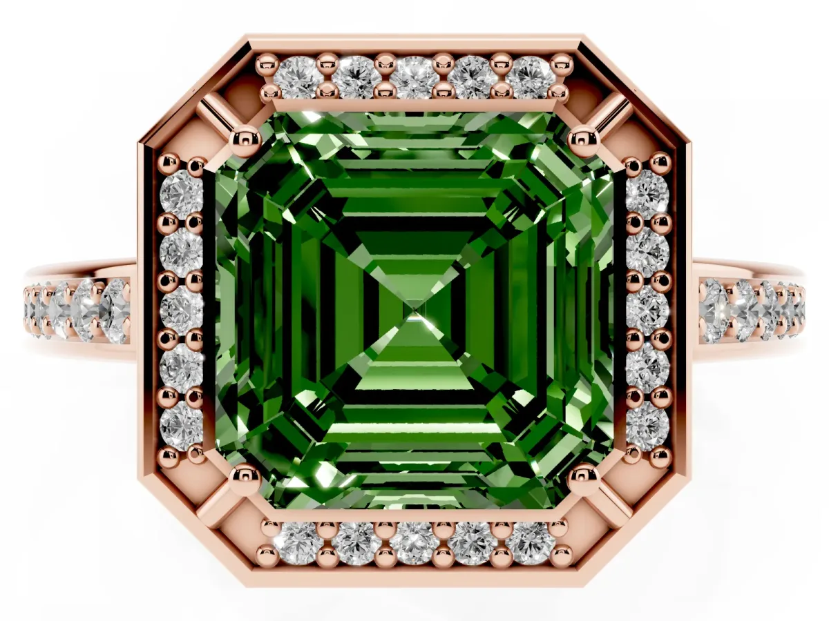 Fancy Green Asscher Cut Cut Halo Pave Split Shank Prong Setting Ring Rose gold