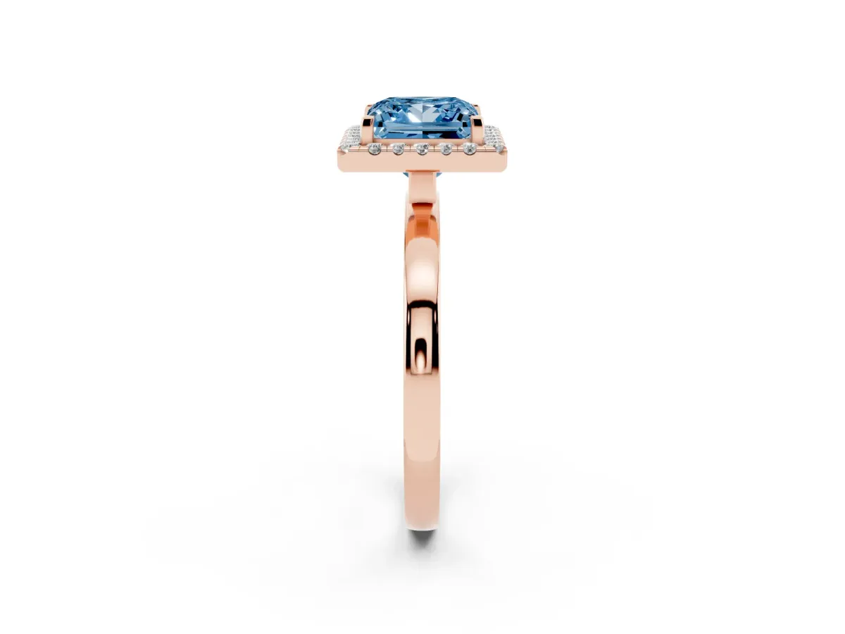 Fancy Blue Princess Cut Halo Diamond Solitaire with Pavé Band and Four-Prong Setting Rose gold