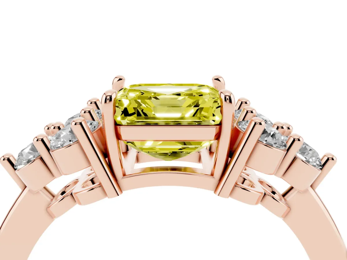 Fancy Yellow Asscher Cut Brilliant Diamond Cluster Accent Solitaire Ring with Prong Setting Rose gold