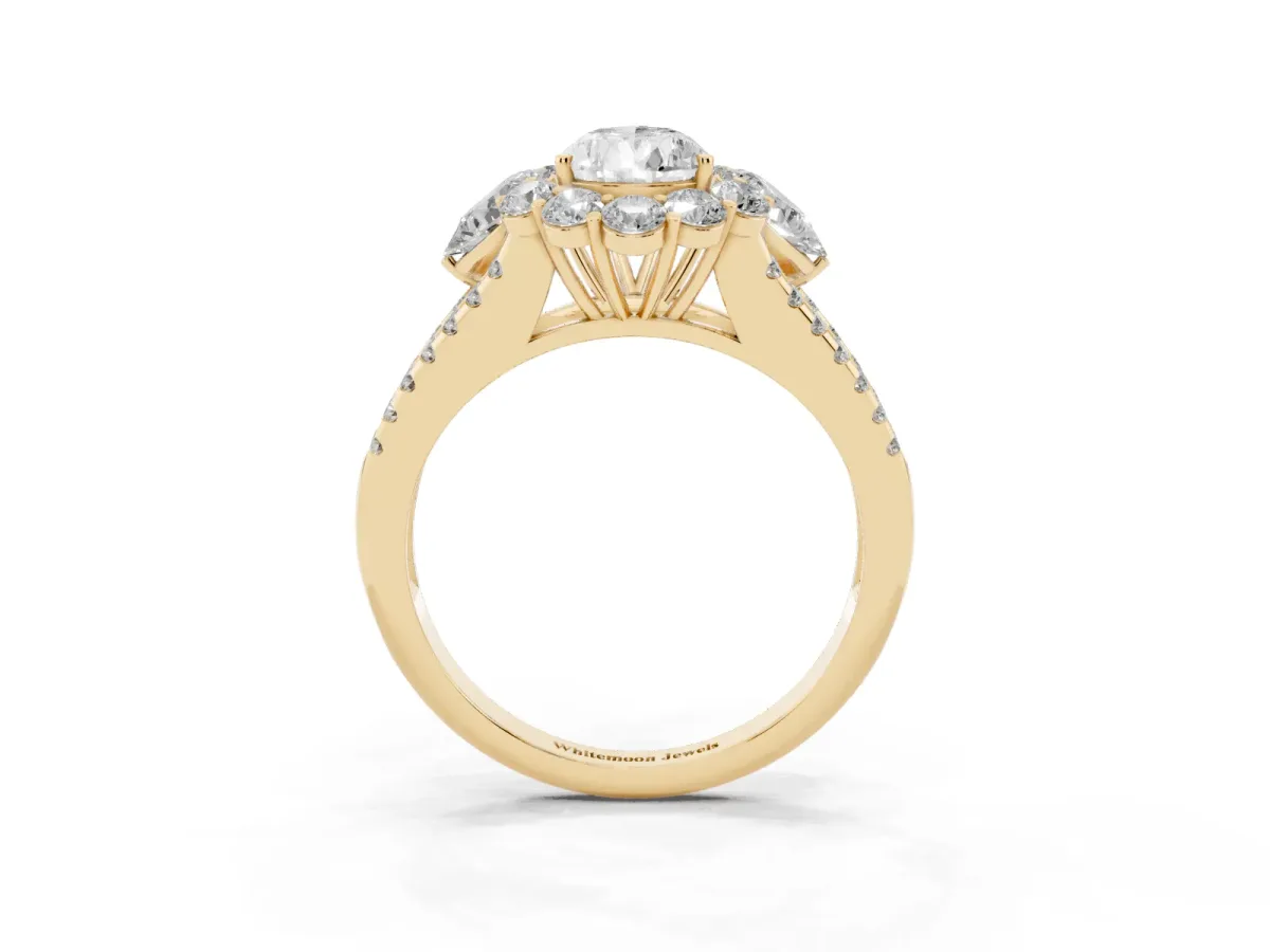 Pear Cut Halo Split Shank Diamond Engagement Ring with Prong Setting Yellow gold