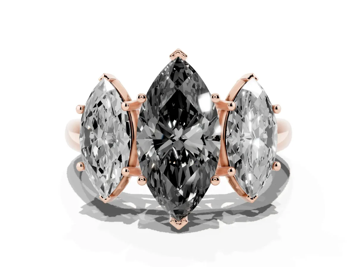 Fancy Black Three-Stone Marquise Cut Diamond Engagement Ring with Prong Setting Rose gold