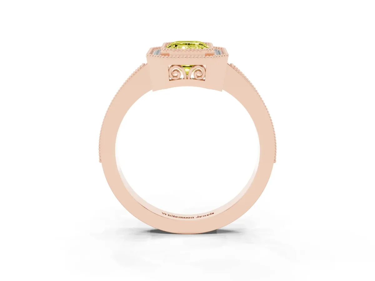 Fancy Yellow Emerald Cut Cut Halo Diamond Ring with Pavé Band and Milgrain Prong Setting Rose gold