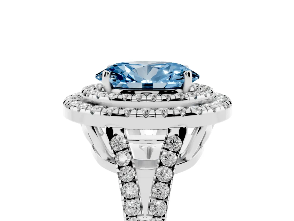 Fancy Blue Oval Cut Diamond Double Halo Ring with Pavé Band and Prong Setting Silver