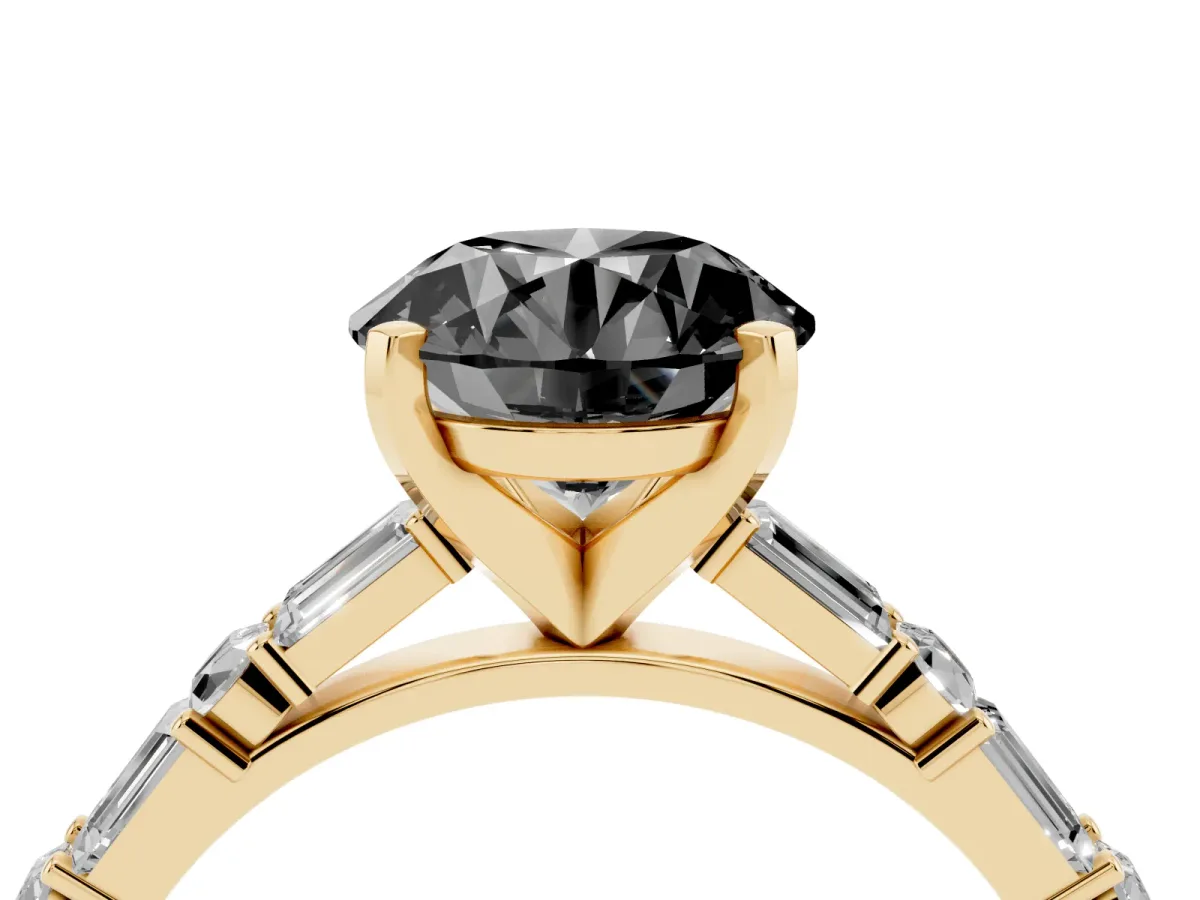 Fancy Black Round Cut Diamond Solitaire with Side Baguettes and Channel Set Band Yellow gold