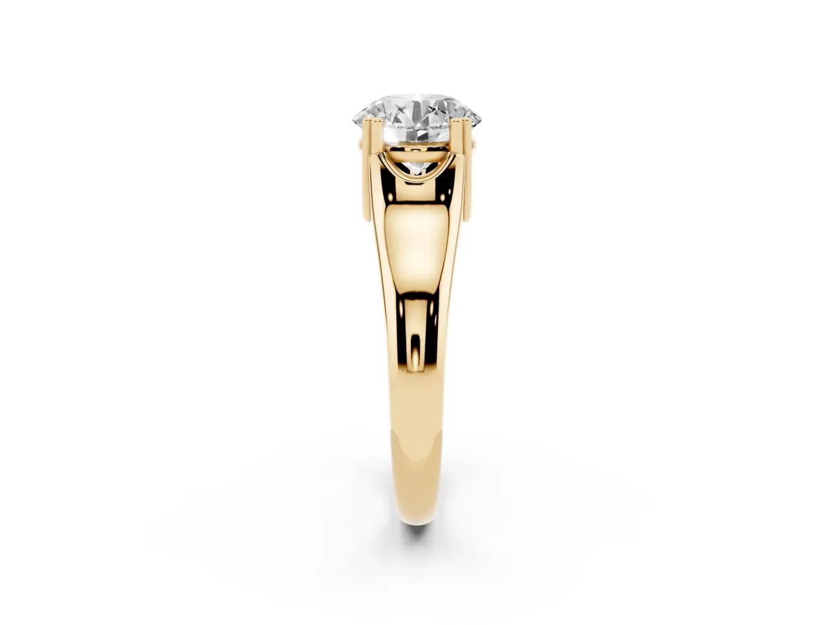 Round Cut Diamond Solitaire Ring with Wide Band and Prong Setting Yellow gold