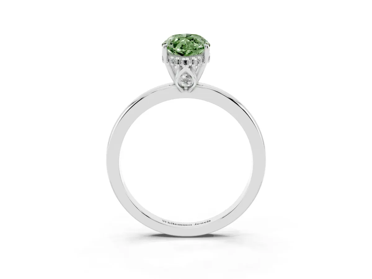 Fancy Green Marquise Cut Solitaire Diamond Ring with Prong Setting and Plain Band Silver