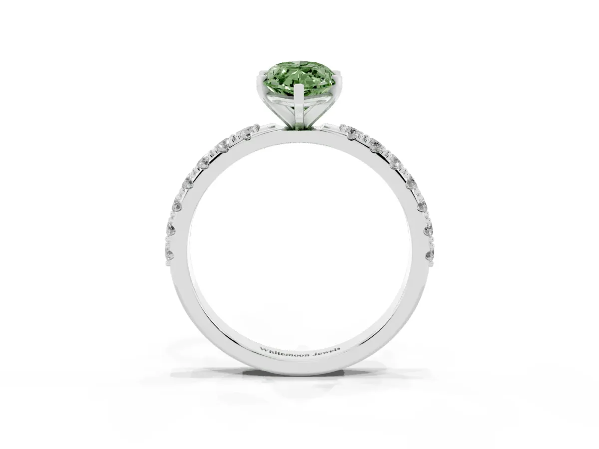 Fancy Green Marquise Cut Diamond Solitaire Pavé Band with Four-Prong Setting Silver