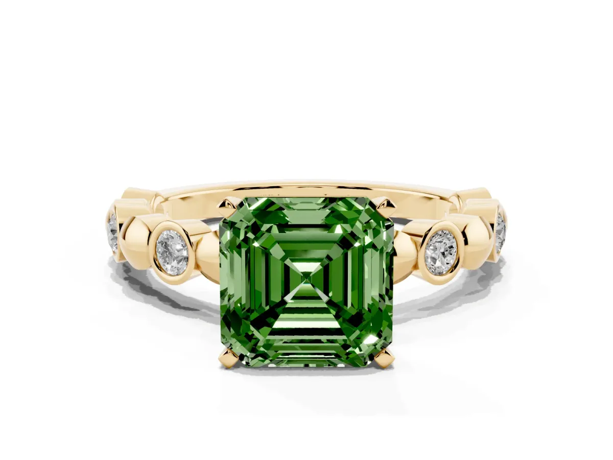 Fancy Green Asscher Cut Solitaire Bezel-Set Diamond Ring with Beaded Band and Four-Prong Setting Yellow gold