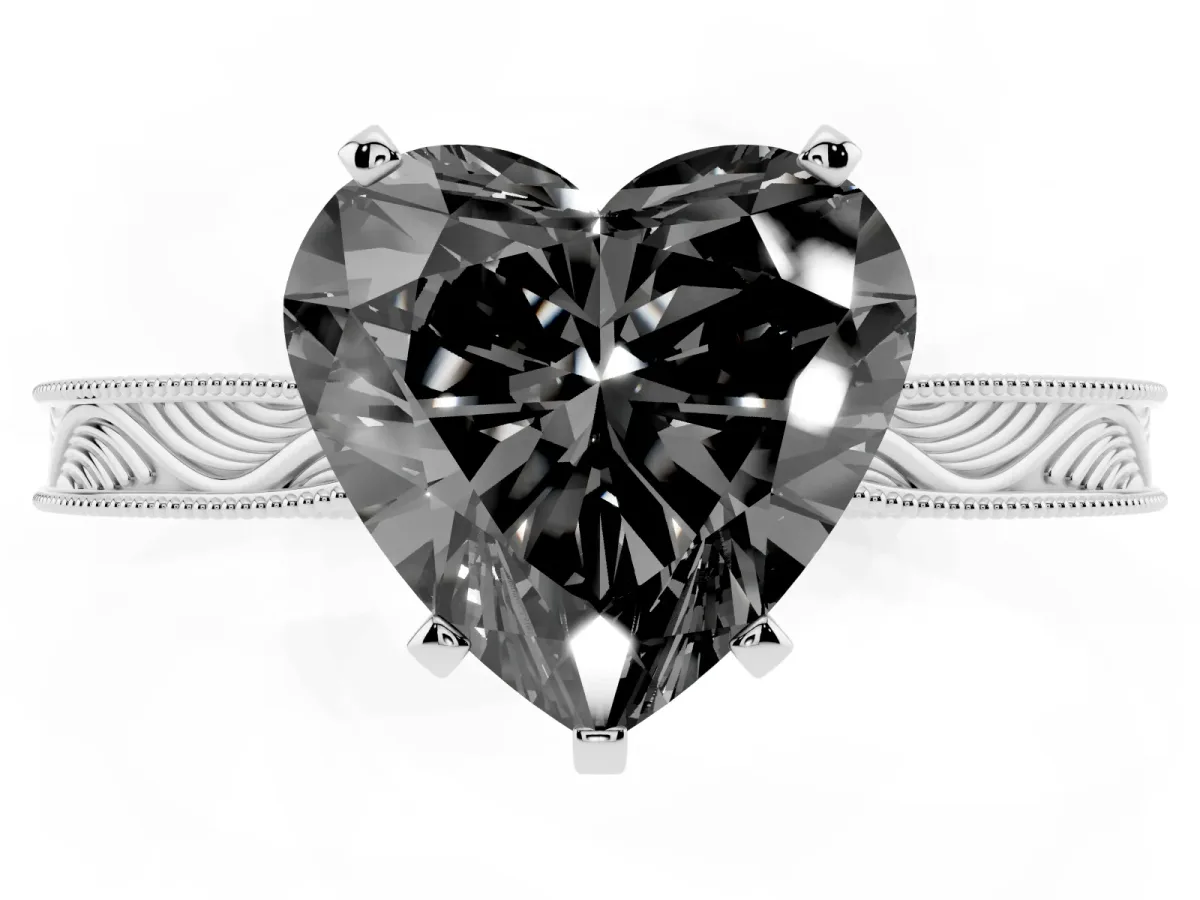 Fancy Black Heart Cut Solitaire Milgrain Engraved Band with Four-Prong Setting Silver