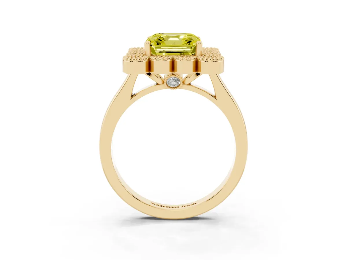 Fancy Yellow Asscher Cut Halo Diamond Cluster Engagement Ring with Milgrain Bezel Setting and Solitaire Band Yellow gold