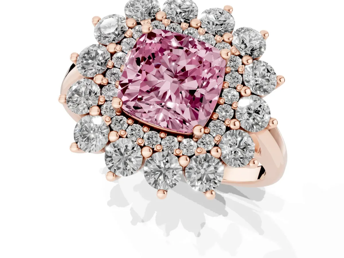 Fancy Pink Cushion Cut Diamond Floral Double Halo Engagement Ring with Prong Setting Rose gold