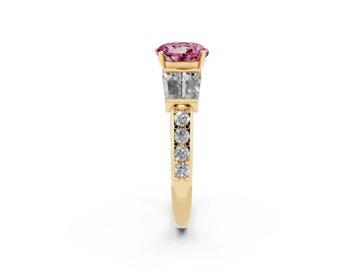 Fancy Pink Round Cut Diamond Engagement Ring with Baguette Side Stones and Channel Set Band Yellow gold